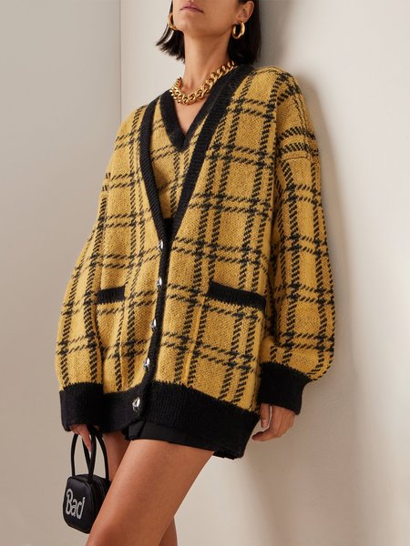 Urban Long Sleeve Loose Plaid Sweater Coat, Yellow, Cardigans