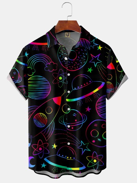 Star Flying Object Chest Pocket Short Sleeve Shirt, Black, Men Shirts