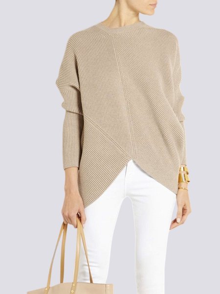 Simple Loose Plain Long Sleeve Sweater, Apricot, Sweaters