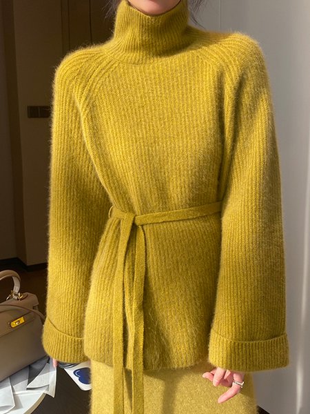 Turtleneck Plain Long Sleeve Sweater, Yellow, Pullovers
