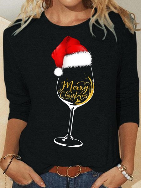 Womens Christmas Wine Christmas Wine Glass Merry Christmas Letters Tops, Black, Long sleeves