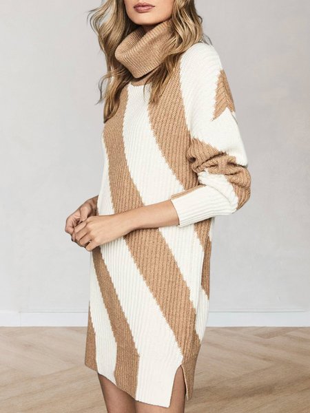 Long sleeve Turtleneck Elegant Striped Loose Mini Dress, Khaki, Mini Dresses