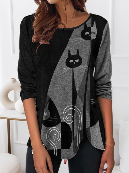 Black and White Cat Crew Neck Loose T-Shirt, T-Shirts