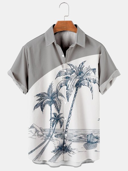 Big Size Coconut Tree Chest Pocket Short Sleeve Hawaiian Shirt, Gray, Short Sleeve Shirts