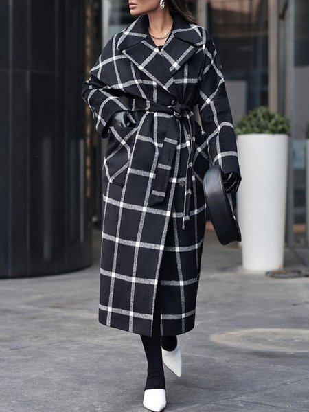 Winter Daily Long sleeve Lapel Collar Overcoat, Black, Coats