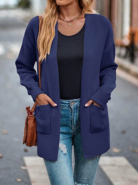 Solid Women‘s Open Front Knit Cardigan, Dark blue, Outerwear