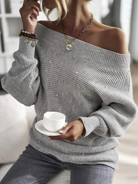 

Casual Off Shoulder Pearls Beaded Batwing Sleeve Sweater, Gray, Sweaters & Cardigans