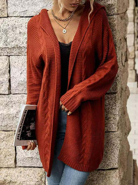 Loose Casual Hoodie Solid Color Sweater Cardigan, Orange red, Outerwear