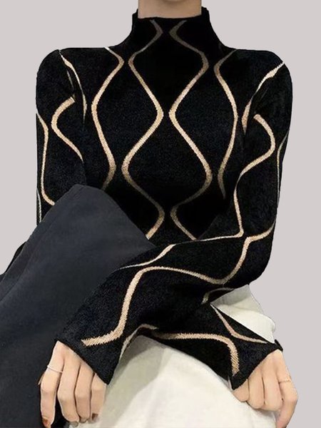 Long sleeve Half Turtleneck Acrylic Tight Sweater, Black, Sweaters