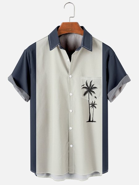 Big Size Coconut Tree Chest Pocket Short Sleeve Hawaiian Shirt, Blue, Short Sleeve Shirts