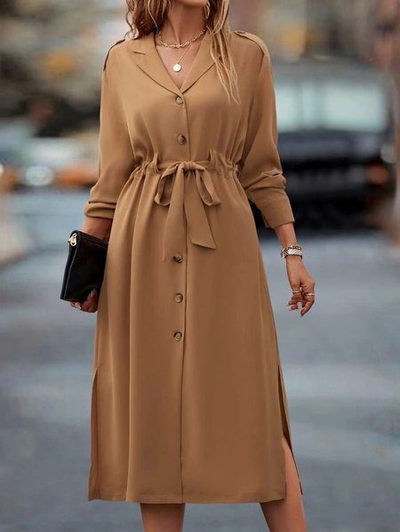 Urban Plain Lapel Long Sleeve Dress with Belt, Brown, Midi Dresses