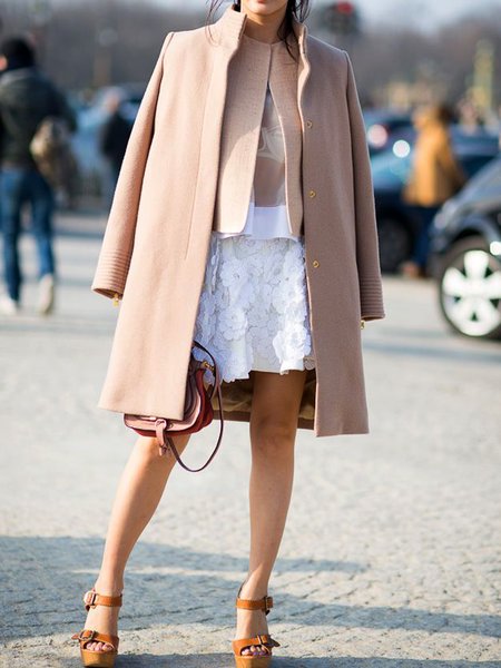Long sleeve Plain Stand Collar Loose Overcoat, Nudepink, Coats