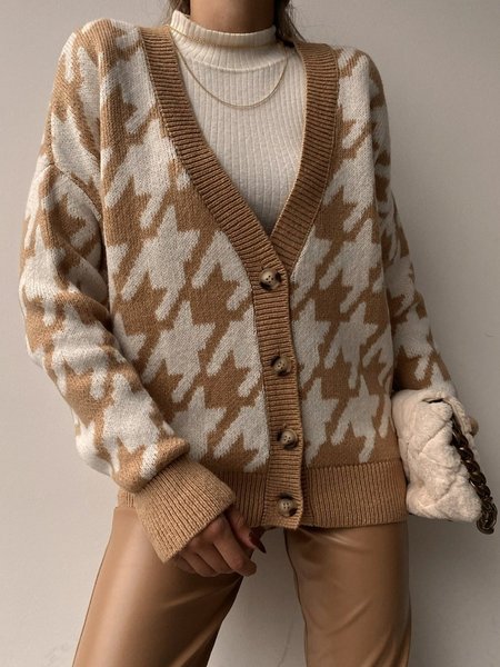 V Neck Loose Sweater Houndstooth Cardigan, Khaki, Cardigans