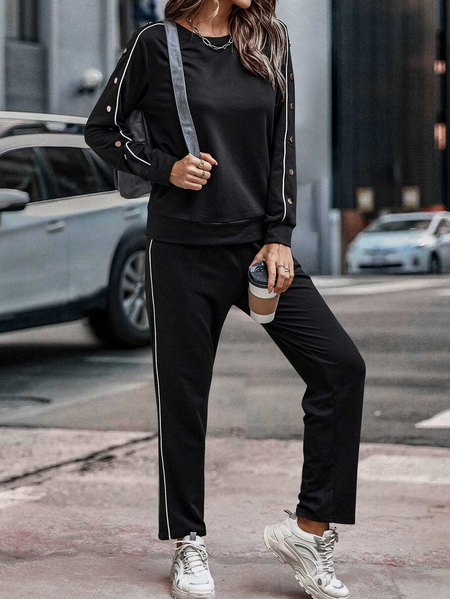 Crew Neck Casual Regular Fit Two Piece Sets, Black, Suit Set