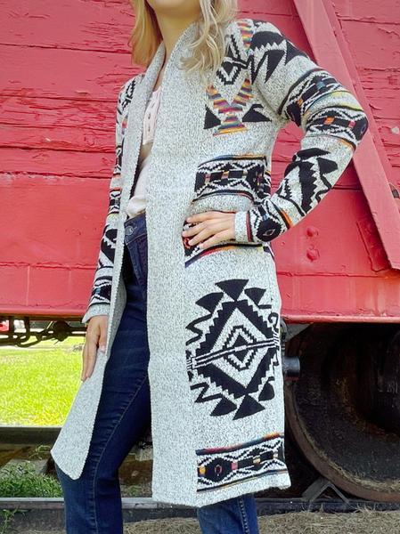 Ethnic Boho Sweater Coat, Gray, Outerwear