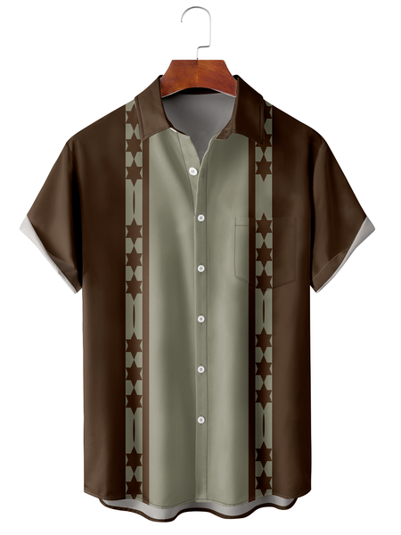 Geometric Chest Pocket Short Sleeve Hawaiian Shirt, Coffee, Short Sleeve Shirts