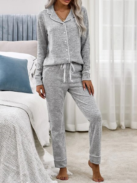Plain Casual Shawl Collar Two Piece Set, Light gray, Suits