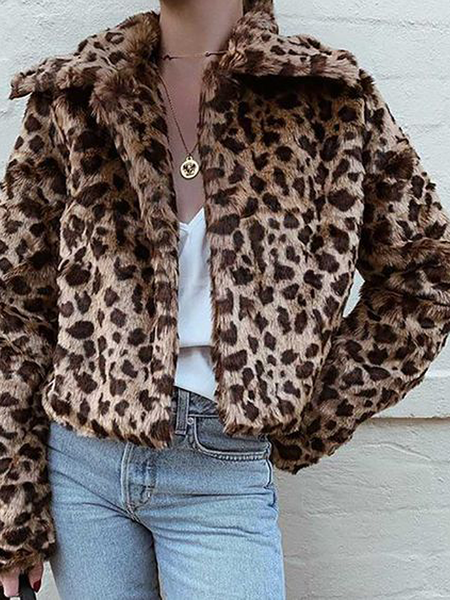 Loose Leopard Teddy Shawl Collar Long sleeve Jacket, Others