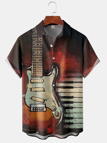Musical Chest Pocket Short Sleeve Lapel Hawaiian Shirt, Light coffee, Short Sleeve Shirts