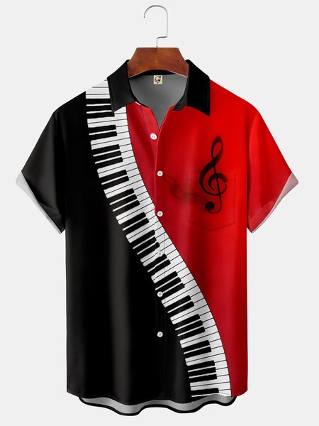 Musical Chest Pocket Short Sleeve Lapel Hawaiian Shirt, Black, Short Sleeve Shirts