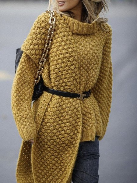 Daily Long sleeve Turtleneck Loose Plain Sweater, Yellow, Pullovers
