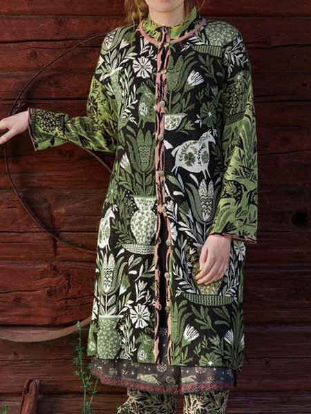 Loose Floral Stand Collar Jacket, Green, Jackets