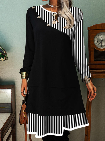 Crew Neck Casual Striped Dress, Black, Mini Dresses