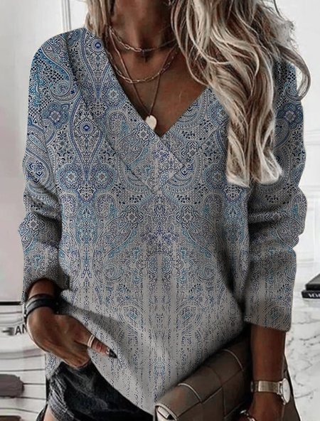 Ethnic Boho V Neck Sweatshirt, Multicolor, Sweatshirts & Hoodies