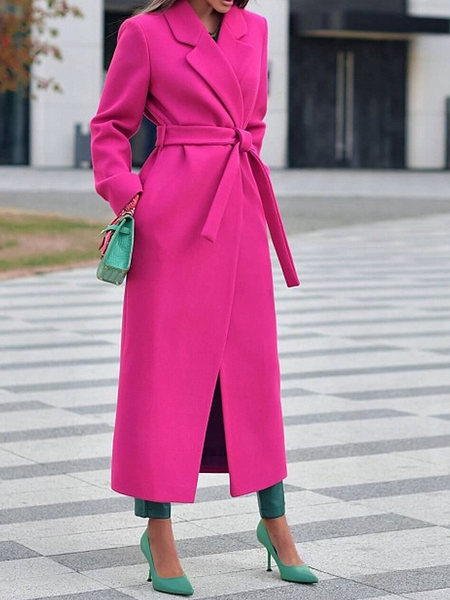 Elegant Loose Plain Lapel Collar Long sleeve Overcoat, Rose red, Coats 
Elegant Loose Plain Lapel Collar Long sleeve Overcoat, Rose red, Coats