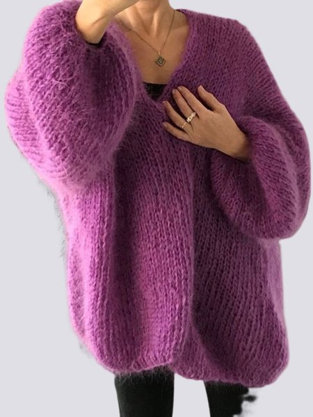 Long Sleeve Casual Solid V Neck Loosen Sweater coat, Purple, Outerwear