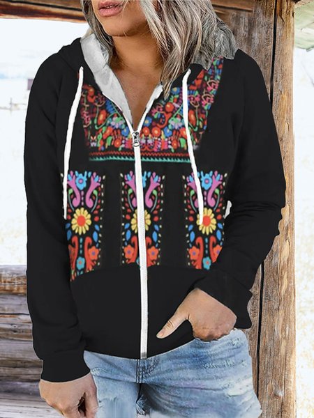 Ethnic Boho Zipper Hoodie Jacket, Black, Jackets