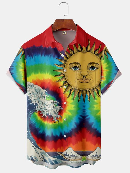 Japanese Ukiyoe Tie Dye Spindrift Chest Pocket Short Sleeve Shirt, Red, Men Shirts