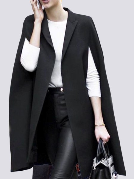 Regular Fit Flat Collar Simple Long Overcoat, Black, Outerwear