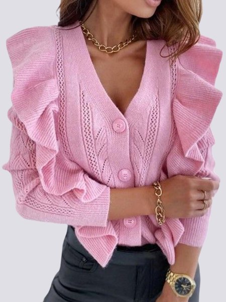 Sweet Simple Elegant Regular Fit V Neck Sweater coat, Pink, Outerwear