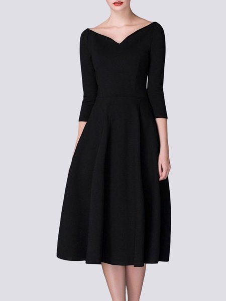 Heart-Shaped Collar Plain Midi Dress, Black, Dresses