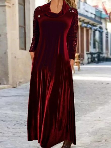 Glitter Velvet Casual Loose Dress, Wine red, Dresses