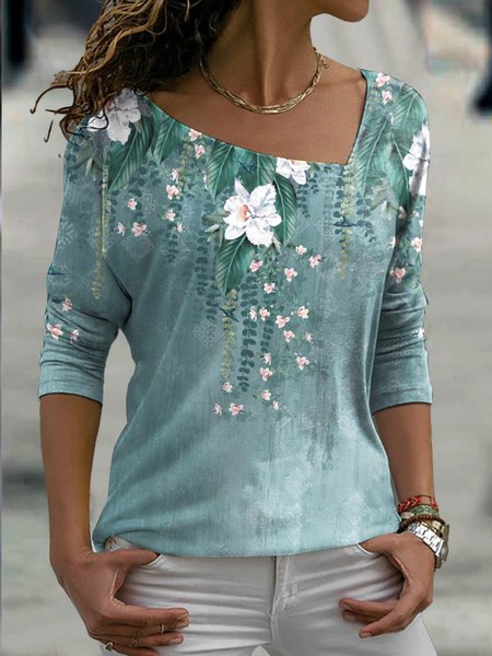 Casual Floral Regular Fit Asymmetrical Tops, Green, Tops