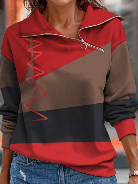 Casual Loose Color Block Asymmetrical Zipper Sweatshirt, Red, Sweatshirts & Hoodies