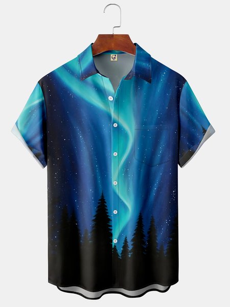 Starry Sky Chest Pocket Short Sleeve Shirt, Blue, Men Shirts