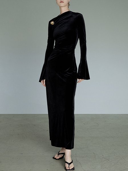 Regular Fit Flare Sleeve Long Dress, Black, Maxi Dresses