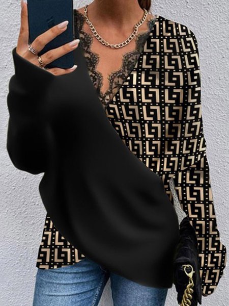 Urban V Neck Text Letters Lace Edge Blouse, Black, Blouses and Shirts