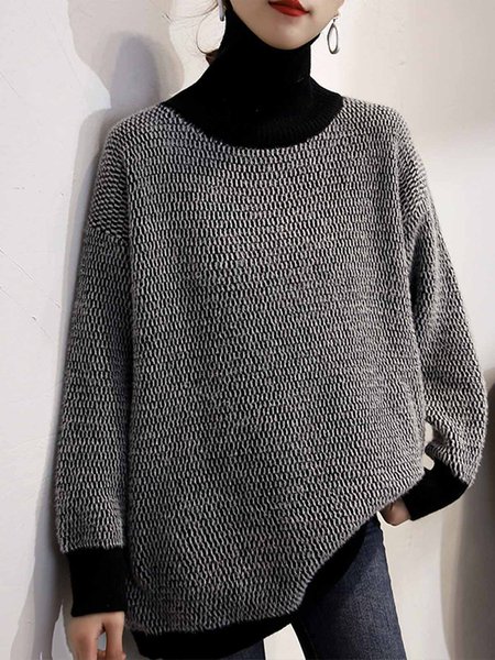 Long sleeve Turtleneck Color Block Elegant Sweater, Black, Pullovers