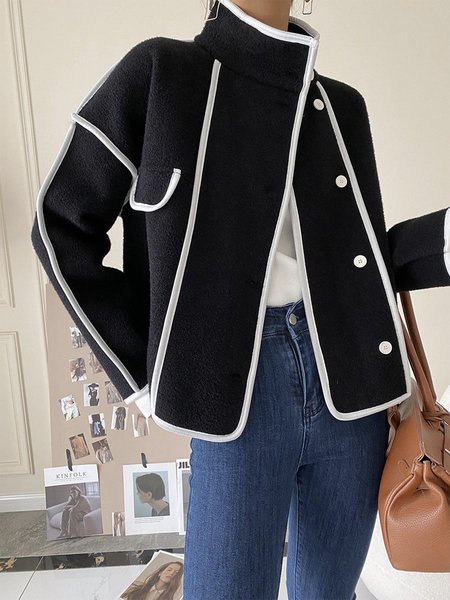 Color Block Loose Urban Long Sleeve Jacket, Black, Jackets