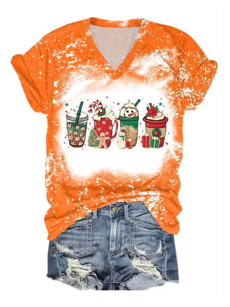 Women Merry Christmas Coffee Snowman Print T-Shirt, Orange, T-shirts