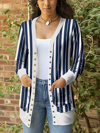 V Neck Striped Other Coat, Stripe, Cardigans
