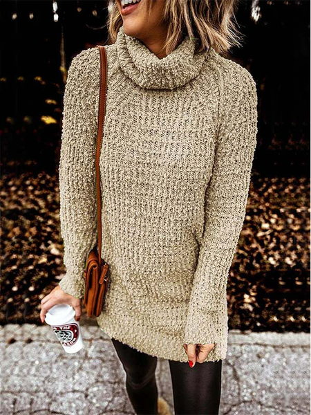 Casual Turtleneck Dresses, Khaki, Mini Dresses