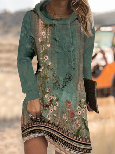 Floral Loose Hoodie Dress, Cyan, Mini Dresses