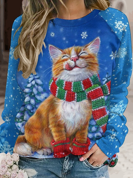 Womens Christmas Winter Cat Print Sweatshirt, As picture, Hoodies&Sweatshirts
