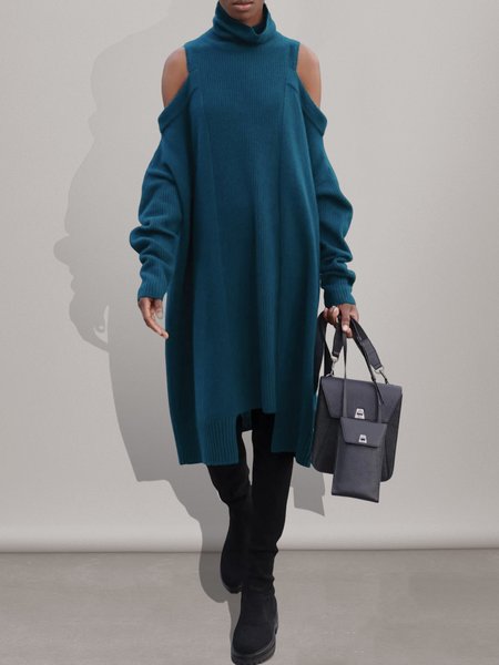 Long sleeve Loosen Plain Casual Dresses, Blue, Midi Dresses