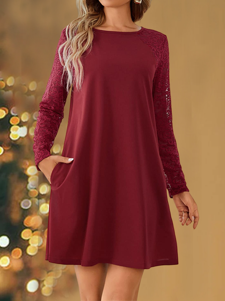 Casual Plain Lace Regular Fit Cotton-Blend Dresses, Red, Dresses
